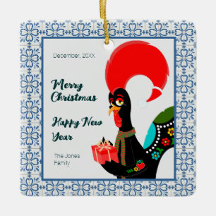 Christmas Portuguese Rooster and blue tiles frame Ceramic Ornament