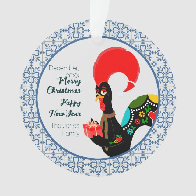 Christmas Portuguese Rooster and blue tiles frame Ornament (Front)