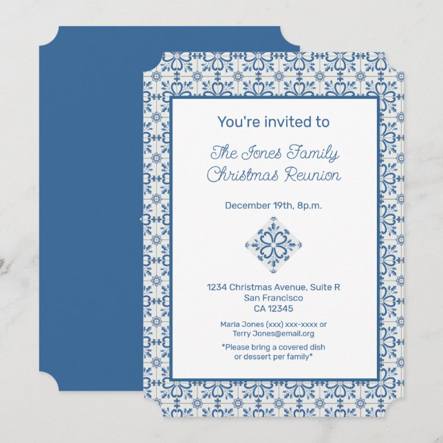 Christmas Portuguese Tiles Holly leaves frame Invitation (Front/Back)