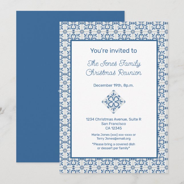 Christmas Portuguese Tiles Holly leaves frame Invitation (Front/Back)