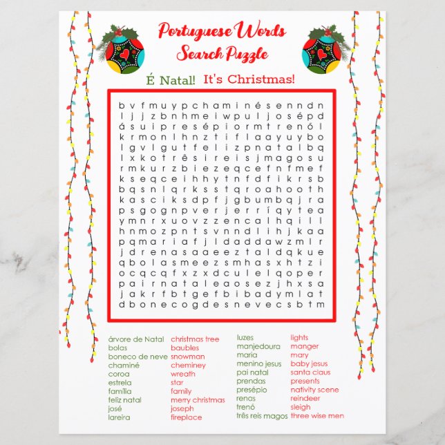 Christmas Portuguese  Word Search Puzzle for Kids (Front)
