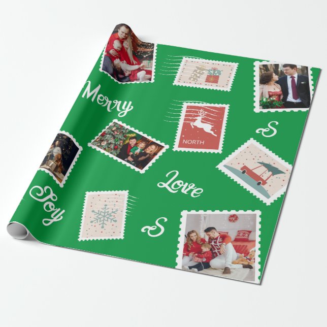 Christmas Post Stamp Custom Name And Photos Wrapping Paper (Unrolled)