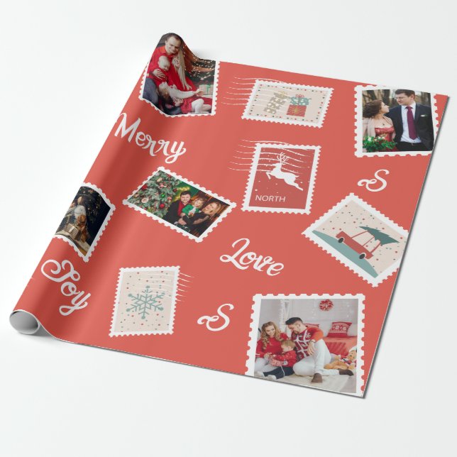 Christmas Post Stamp Custom Name And Photos Wrapping Paper (Unrolled)