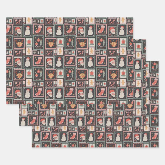 Christmas Postage Stamp Cute Wrapping Paper (Set)