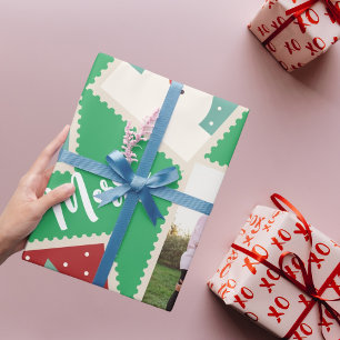 Christmas Postage Stamp Funny Personalised Green Wrapping Paper