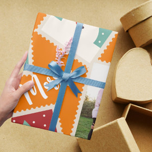 Christmas Postage Stamp Funny Personalised Orange Wrapping Paper