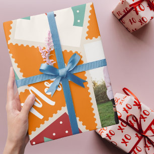 Christmas Postage Stamp Funny Personalised Orange Wrapping Paper