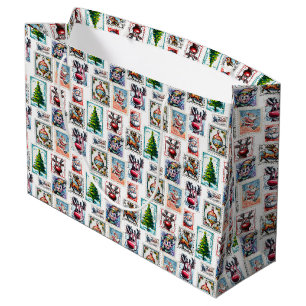 Christmas Postage Stamps Trees Santa Reindeer Elf Large Gift Bag