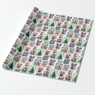 Christmas Postage Stamps Trees Santa Reindeer Elf Wrapping Paper