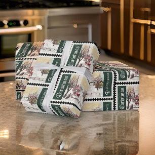 Christmas Postal Stamps Vintage  Wrapping Paper
