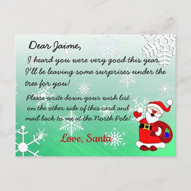 Christmas Postcard from Santa to a child (Front)