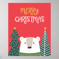 Christmas Poster, Cute Xmas Wall Art, Polar Bear