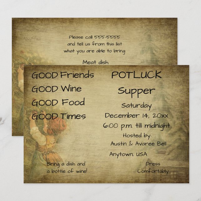 Christmas Pot Luck Supper Party Invitation (Front/Back)