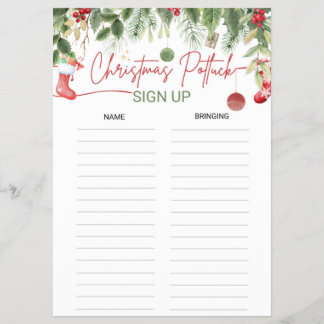 Christmas Potluck Sign-Up Sheet Xmas Dinner List