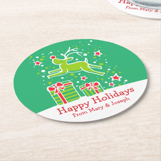 Christmas prancing reindeer green paper coasters (Angled)