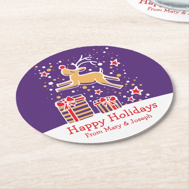 Christmas prancing reindeer purple paper coasters (Angled)
