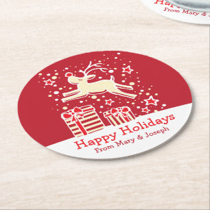 Christmas prancing reindeer red paper coasters