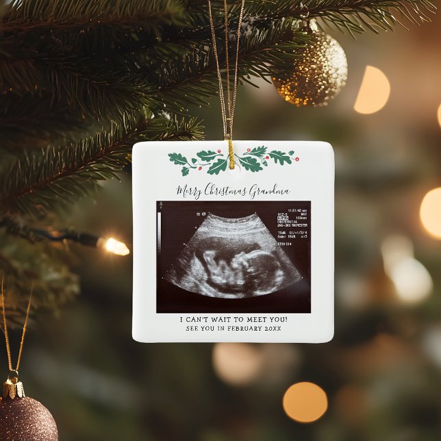 Christmas Pregnancy Announcement Baby Scan Grandma Ceramic Ornament (Pregnancy Announcement Sonogram Greenery Christmas Square Ornament)