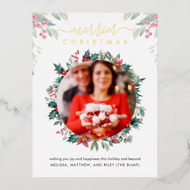 Christmas Pregnancy Baby Reveal Foil Holiday Postcard (Front)