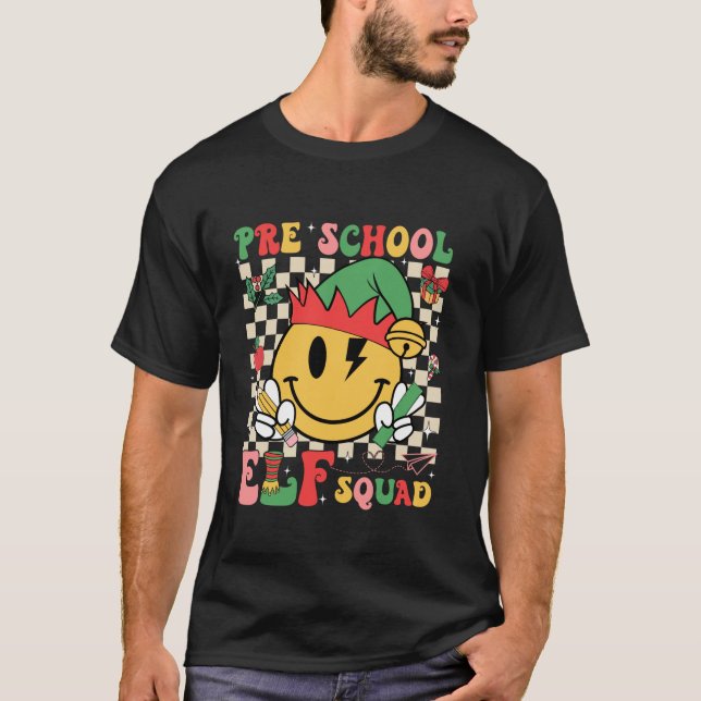 Christmas Preschool Elf Squad Smile Face Teacher S T-Shirt (Front)