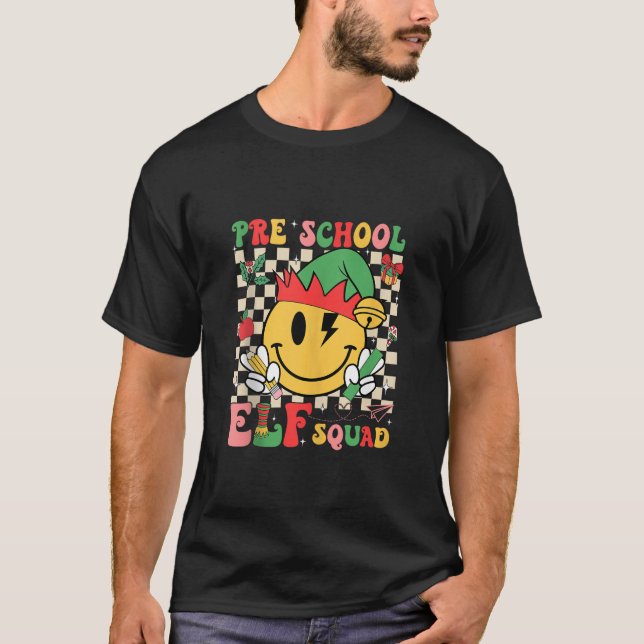 Christmas Preschool Elf Squad Smile Face Teacher S T-Shirt (Front)