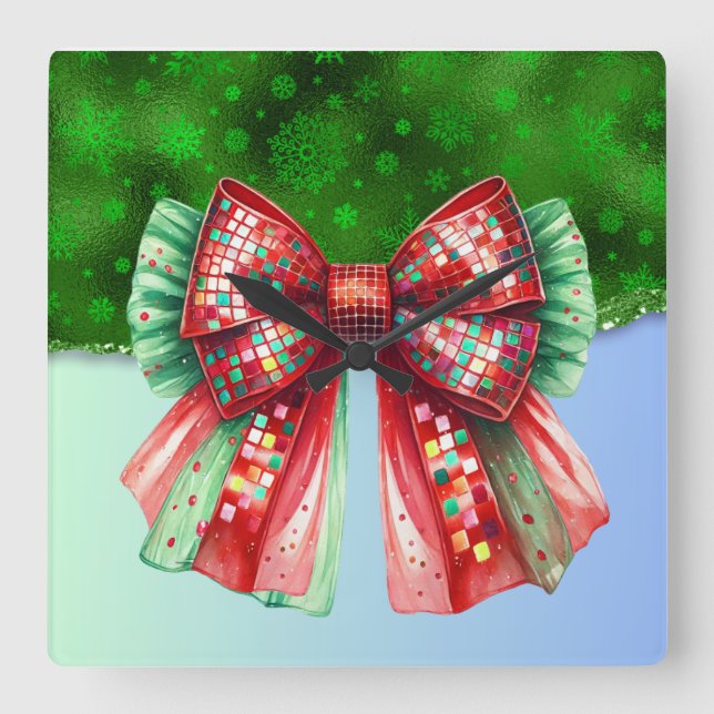 Christmas Present Croquette Bow Bling Glitter Xmas Square Wall Clock (Front)