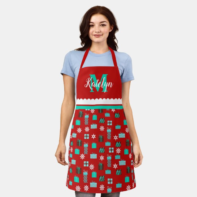 Christmas Presents Allover Holiday Red & Green Apron (Worn)