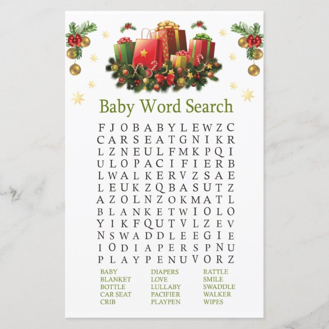 Christmas presents Baby Shower Word Search Game (Front)