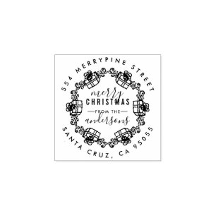 Christmas Presents Sketch Wreath Return Address Rubber Stamp