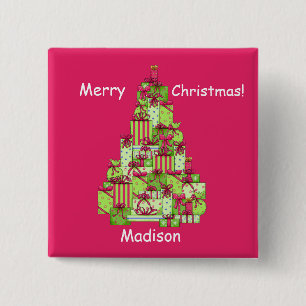 Christmas Presents Tree Red Name Badge