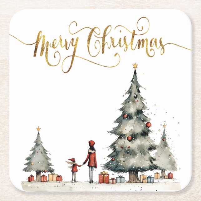 Christmas presents under the tree square paper coaster (Front)