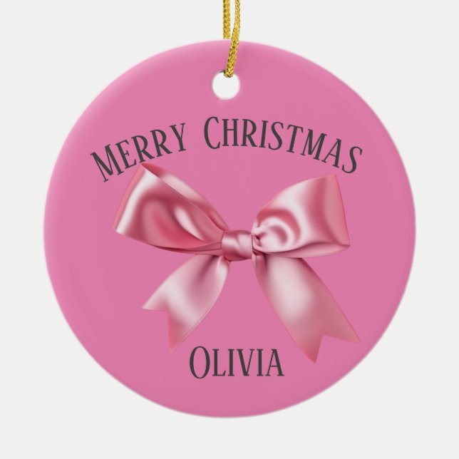 Christmas Pretty Pink Custom Name Coquette Bow  Ceramic Tree Decoration (Front)
