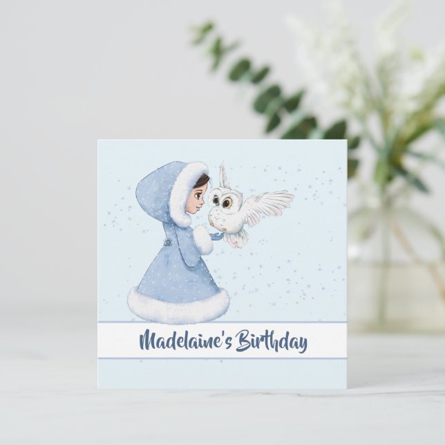 Christmas Princess Birthday Owl Winter Snowflakes Invitation (Standing Front)