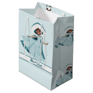 Christmas Princess Dark Hair Winter Snowflakes Medium Gift Bag