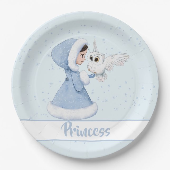 Christmas Princess Owl Winter Snowflakes Paper Plate (Front)