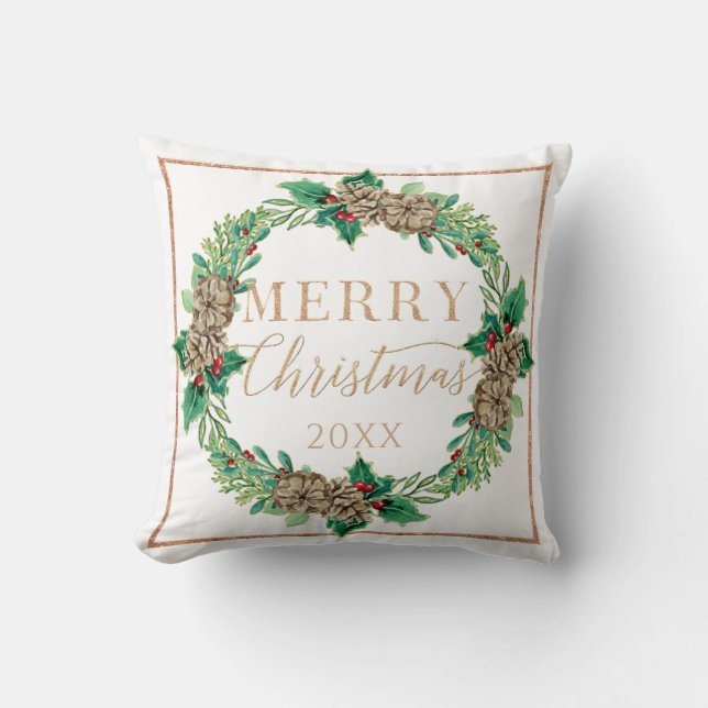Christmas Proposal Red Wreath Holly Leaf Greenery Cushion (Front)