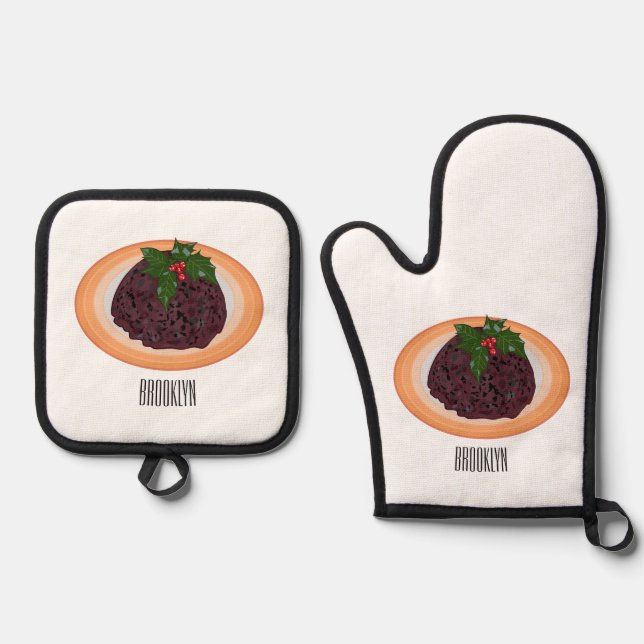 Christmas pudding cartoon illustration  oven mitt & pot holder set (Front)