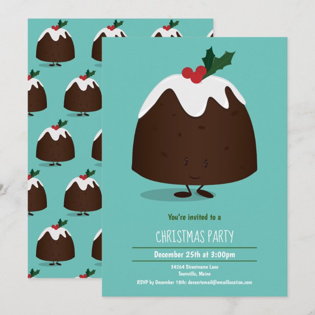 Christmas Pudding Character Holiday Teal White Invitation (Front/Back)