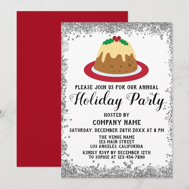 Christmas Pudding Company Holiday Party Red Silver Invitation (Front/Back)