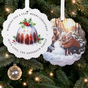 Christmas pudding holly berries watercolor photo tree decoration card