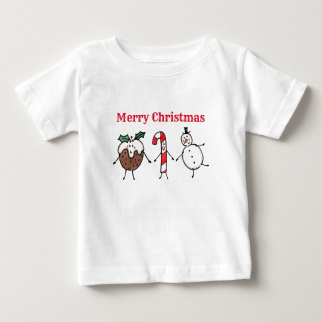 Christmas Pudding, Snowman and Candy Cane T-Shirt (Front)