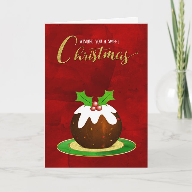 Christmas Pudding Sweet Christmas Red Background Holiday Card (Front)