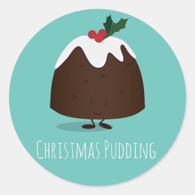 Christmas Pudding Teal Cartoon Character Classic Round Sticker (Front)