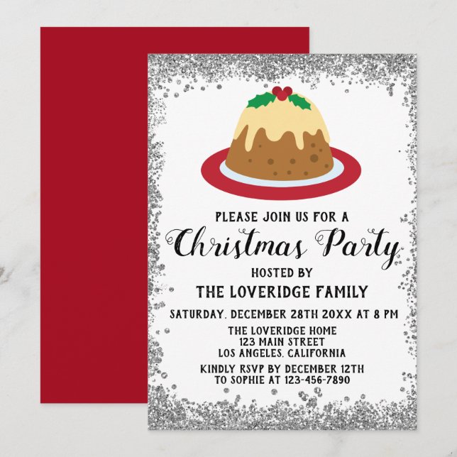 Christmas Pudding Xmas Party Red Silver Glitter Invitation (Front/Back)