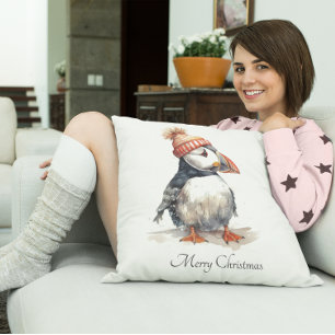 Christmas Puffin, customisable Cushion