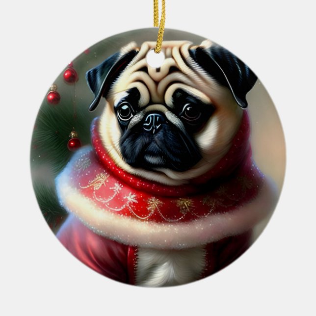 Christmas Pug Ceramic Tree Decoration (Front)