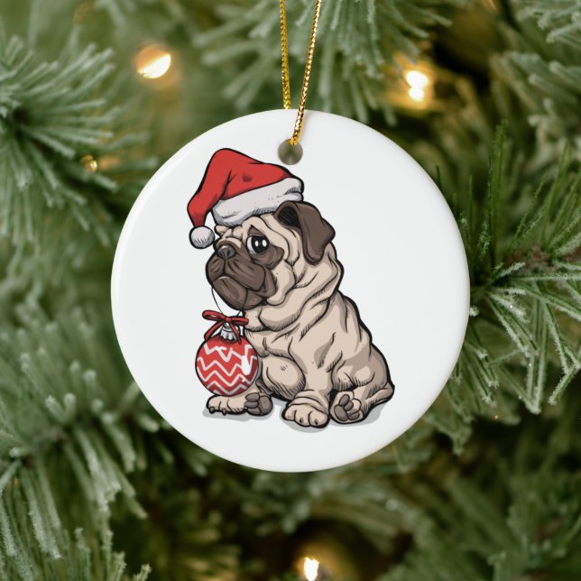 Christmas Pug cute hat cartoon Ceramic Tree Decoration (Tree)