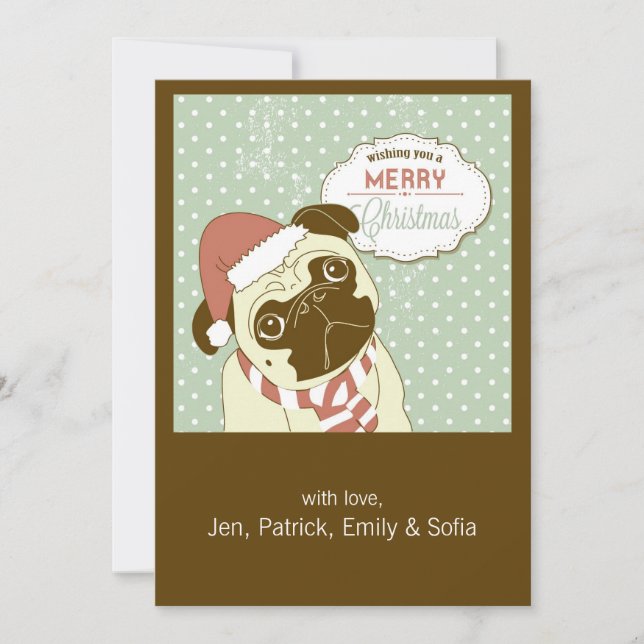 Christmas Pug! Cute little dog in santa hat Holiday Card (Front)