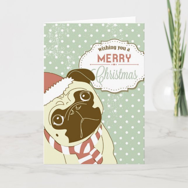 Christmas Pug! Cute little dog in santa hat Holiday Card (Front)