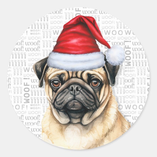 Christmas Pug Dog in Santa Hat Holiday Classic Round Sticker (Front)